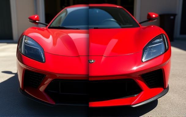 Before and after image of a red sports car paint correction